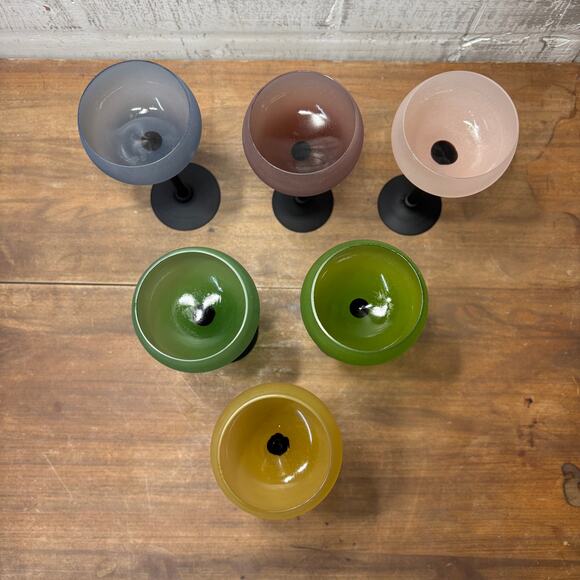 Vintage Frosted Multi Colored Coupe Glasses Set Of 6 Mid Century - Picture 3 of 8